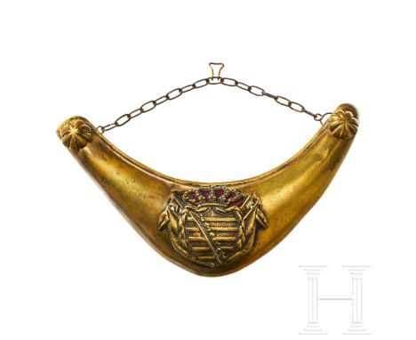 A Saxon officer gorget  Stamped brass crescent base with brass center Saxon coat of arms and crown, attached by three posts; 