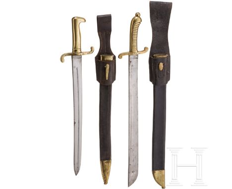 Faschinenmesser M 1845, Sachsen, und SG U/M, Preußen  Kräftige Keilklinge (etwas fleckig), an der Wurzel eine Kronenmarke "IR