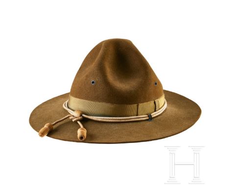 A WWI 1912 U.S. Army Officers Campaign Hat  Olive-color Beaver felt body, wide brim, high "pinched" crown with four ventilati