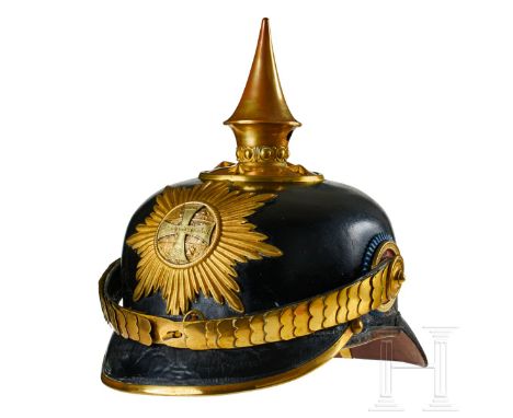 A helmet for Grenadier Regiment 89 Mecklenburg-Strelitz II Battalion Reserve Officers Black lacquered leather body, front and