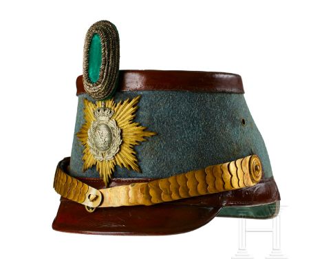 A shako for Saxon Machine Gun Officers Grey green felt covered body with brown leather front and rear visors; front plate of 
