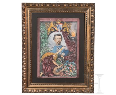 König Ludwig II. - kolorierter Holzschnitt zu Ehren des toten Königs, R. Brend’amour und R. E. Kepler, Bayern, um 1900  Von H