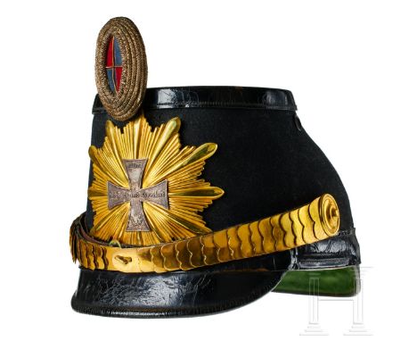 A shako for Mecklenburg Jaeger Battalion 14 Landwehr Officers Black felt covered body with black leather front and rear visor