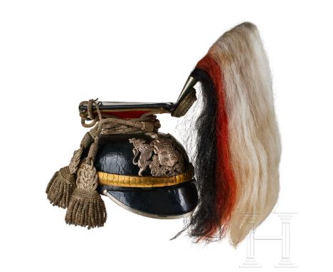 A czapka for Württemberg 19th Uhlan Officers Black lacquered leather body, front visor; silver front visor trim; silver offic