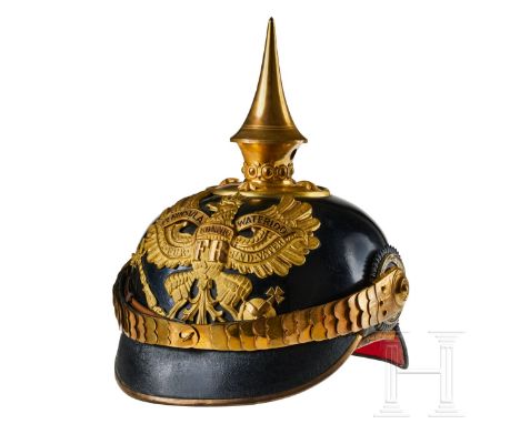 A helmet for Prussian IR 73 Officers Black lacquered leather body; front visor with green underlay and rear visor with red un