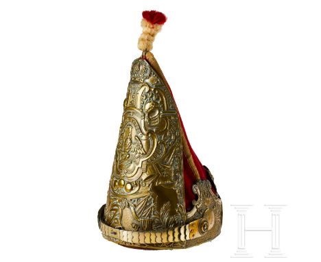A German miter parade hat of Guard Infantry  Cap body of cone-shaped red cloth bordered by three white litze tapes that meet 