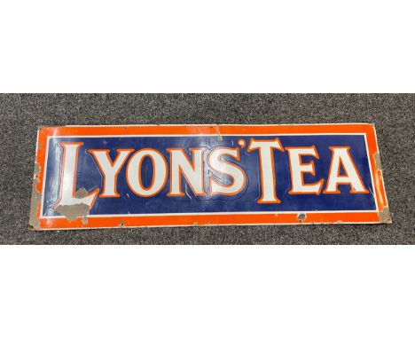 Vintage Lyons Tea enamel advertising sign, approximate measurements: Length 59 inches, Height 17 inches