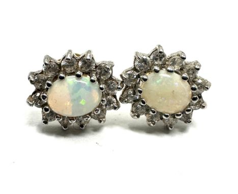 9ct white gold opal &amp; white gemstone earrings weight 1.2g