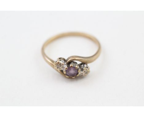 9ct gold vintage amethyst &amp; diamond three stone ring (2.1g)