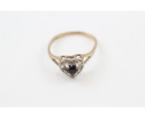9ct gold vintage sapphire &amp; diamond heart shape dress ring (1.6g)