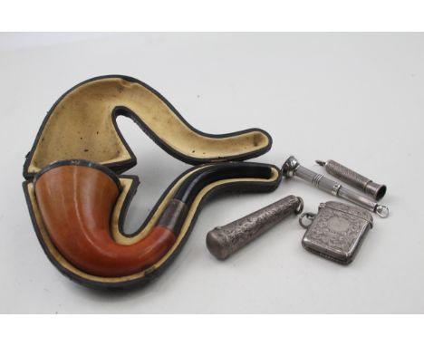 5 x .925 sterling silver tobacciana inc vesta, banded pipe etc