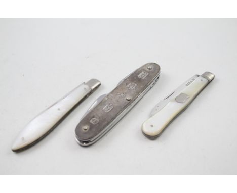 3 x .925 sterling knives inc mop, multi-tool, antique etc