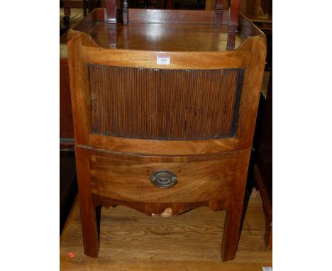 A George III mahogany and chequer strung tambour fronted bedside commode, with pull-out lower drawer 