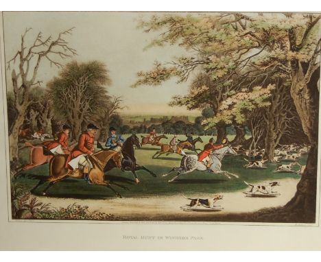 After Pollard - Pair; Royal Hunt in Windsor Park, and His Majesty King George III returning from hunting, colour engravings, 