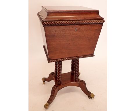 A 19th century mahogany decanter box on stand with concave moulded rise top all raised on four turned supports, 44 x 37cm