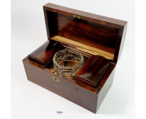 A 19th century rosewood tea caddy with two fitted boxes and glass bowl, hinge a/f, 30cm 