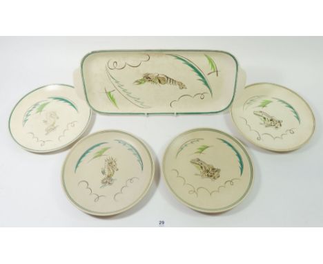 A Poole pottery cray fish/lobster platter (chip to edge) together with four Poole seahorse and frog design plates 