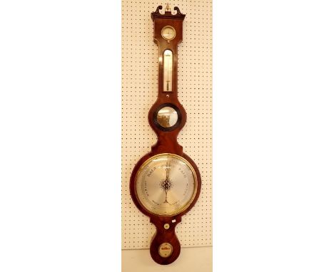 A 19th century mahogany wheel barometer/thermometer with convex mirror, spirit level and hygrometer, 114cm 