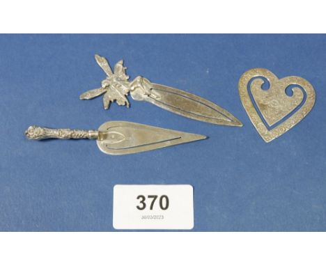 A silver heart form bookmark, London 1987 by Ari Norman, a Victorian silver trowel form bookmark, Birmingham 1891 and a 925 s