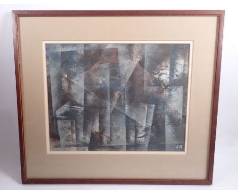 An abstract lithograph monogramed J K, 21 x 27cm 