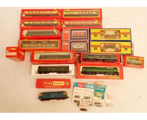 A box of various '00' gauge model railway trains, coaches, wagons etc. from Triang, Hornby, Lima and Grafar, examples include