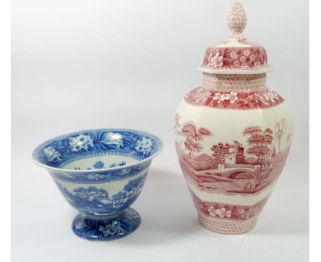 A Spode 'Pink Tower' vase and cover, 40cm and Wedgwood Fallow Deer blue and white vase 