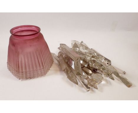 An Edwardian pink frilled glass lamp shade and a quantity of glass lustres, some a/f 