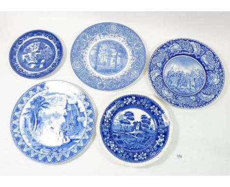 Seven blue and white plates including Copeland Spode 