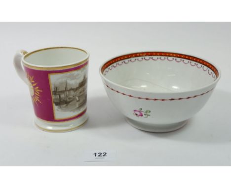 A 19th century porcelain mug printed engraved scenes of Worcester on a puce ground and an 18th century sugar bowl painted spr