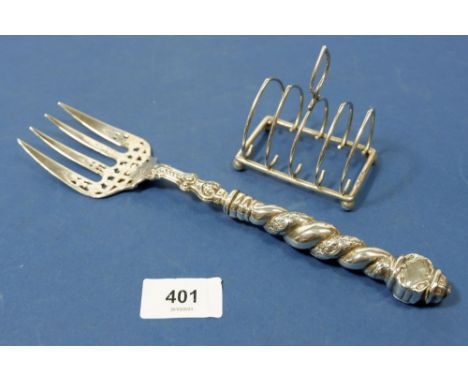 A silver toast rack, 46g, Birmingham 1903 and a fish serving fork, London 1949, by Francis Higgins II