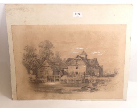 Maggie Christie - pencil sketch of a watermill signed and dated 1866, 47 x 33cm, with small oil on board of mountain snow sce