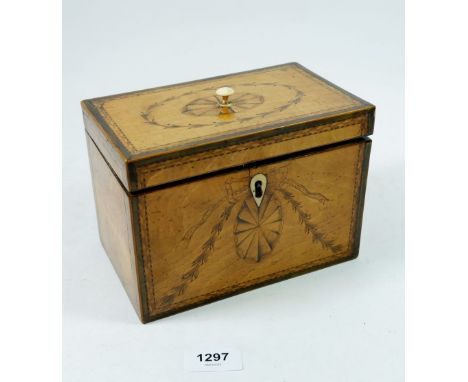 A George III satinwood rectangular tea caddy with marquetry paterae, harebell and ribbon decorations, bone escutcheon and fin