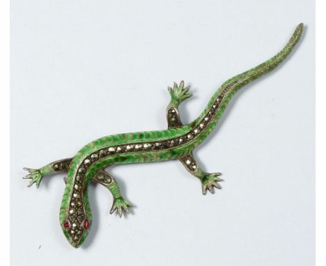 A vintage silver and enamel lizard form brooch set red eyes and marcasite, 7.8cm