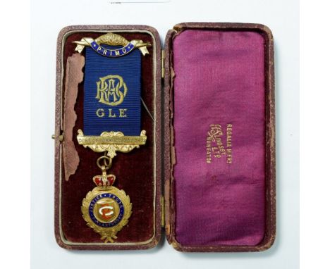 A 9 carat gold and enamel masonic medal on gilt metal mounted ribbon for the Duke of York Lodge presented to E B Hall, 1922 i