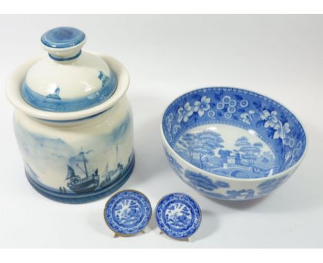 A Copeland Spode Tower blue and white bowl, 21cm diameter together with an Oxney green ship design jar and lid, 23cm high and