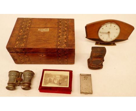 A box of collectables including Victorian box, 30cm a/f, opera glasses, Metamec clock, 26cm bicycle lamp and cigarette compac