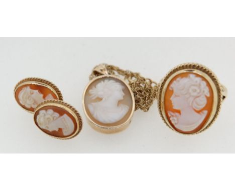 A 9 carat gold cameo ring, size S, matching earrings plus a gold mounted oval cameo pendant (unmarked) on 9 carat gold chain 