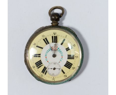 A white metal continental Patent Lever pocket watch with enamel face and engraved cherub to reverse 