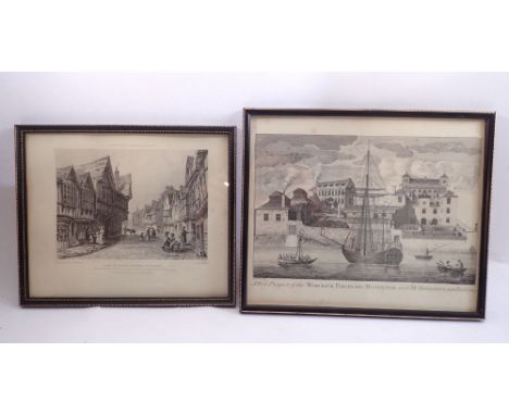 An engraving of the Worcester Porcelain Factory and an engraving of Friar St, Worcester, largest 30 x 20c 