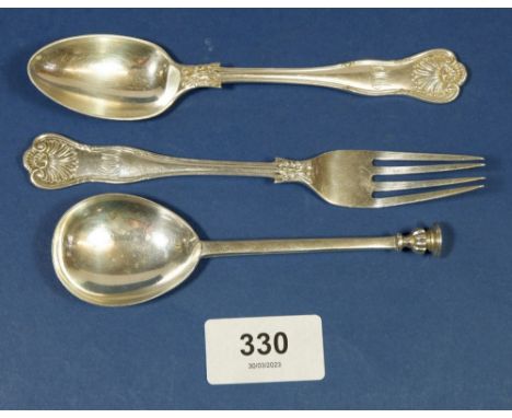 A silver childs spoon and fork, Sheffield 1910 by John Round &amp; Son and a seal top spoon, Sheffield 1942 by Thomas Bradbur