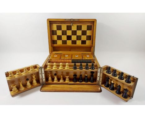 A Victorian light oak games compendium including chess set, draughts, board, 'Nine Mens Morris' and four card boxes with enam