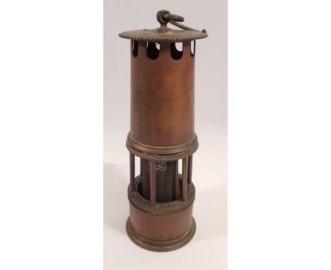 A miniature copper miners lamp, 16cm and a copper hunting horn 