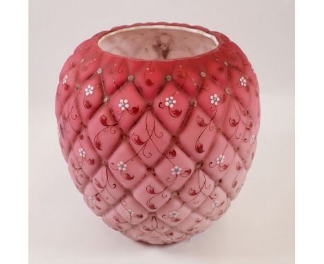A Victorian graduated pink glass pineapple form oil lamp shade with enamelled floral decoration, 21cm tall, 11cm lower diamet