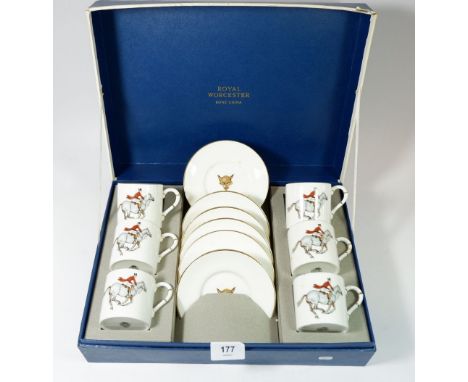 A Royal Worcester set of six coffee cups and saucers printed huntsman, hounds and fox, boxed 