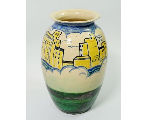 An Art Deco vase painted with a modernist city amongst clouds, PW painted monogram to base, with lamp wire hole, 22cm