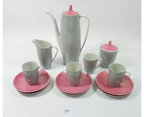 A Polish retro 1960's pink &amp; grey coffee set comprising four cups and six saucers, milk and sugar 