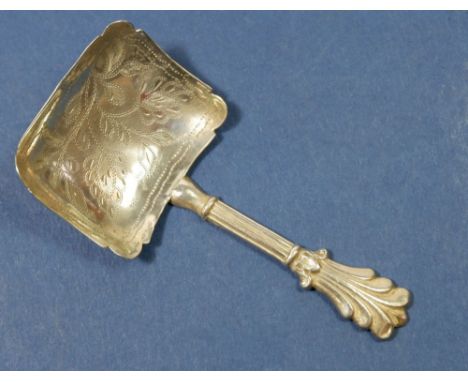 A silver caddy spoon with square bowl and engraved foliage decoration, Birmingham 1835 by George Unite