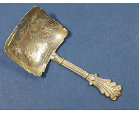 A silver caddy spoon with square bowl and engraved foliage decoration, Birmingham 1835 by George Unite