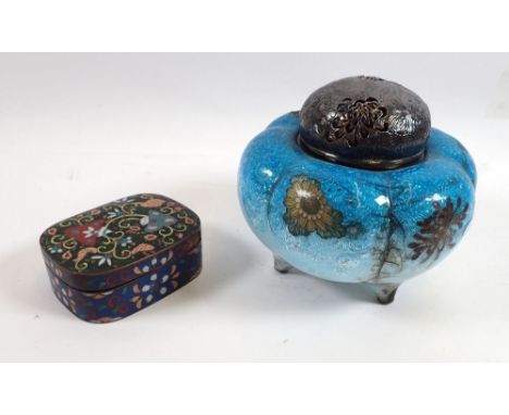 A Japanese enamel lobed pot pourri with white metal lid - a/f and a cloisonne enamel box - a/f