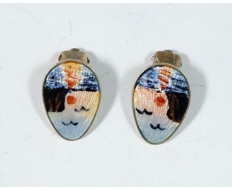 A pair of Norwegian silver and enamel earrings decorated sunset coastal landscapes by Ivar Holth 